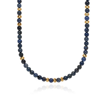 Long blue and gold beaded necklace