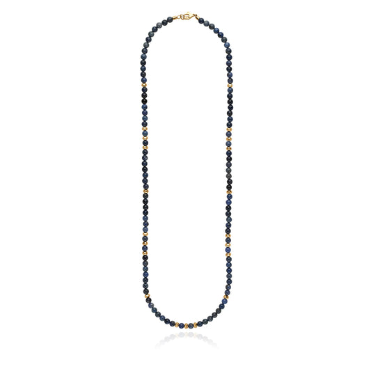 Long blue and gold beaded necklace