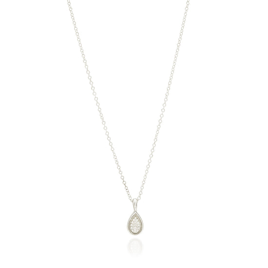 Silver teardrop pendant necklace on a white background
