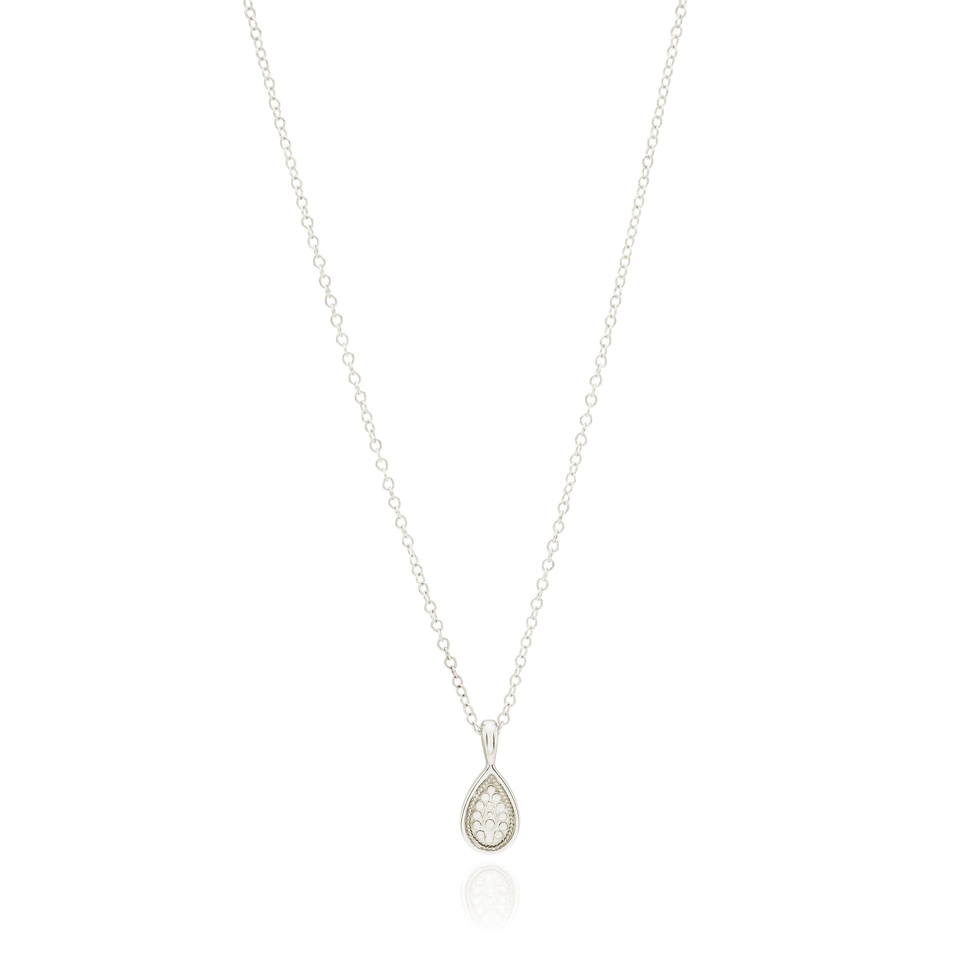 Silver teardrop pendant necklace on a white background