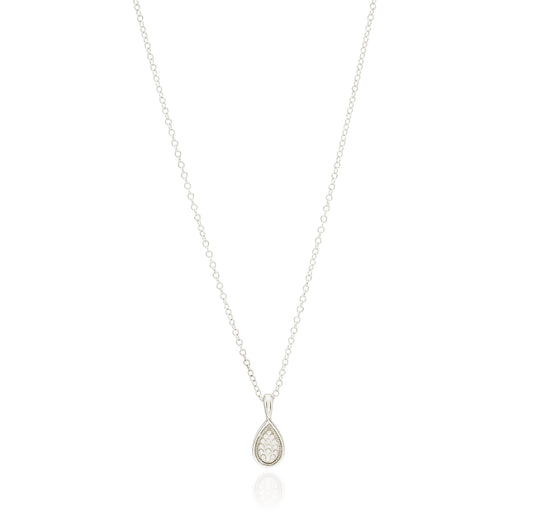 Silver teardrop pendant necklace on a white background
