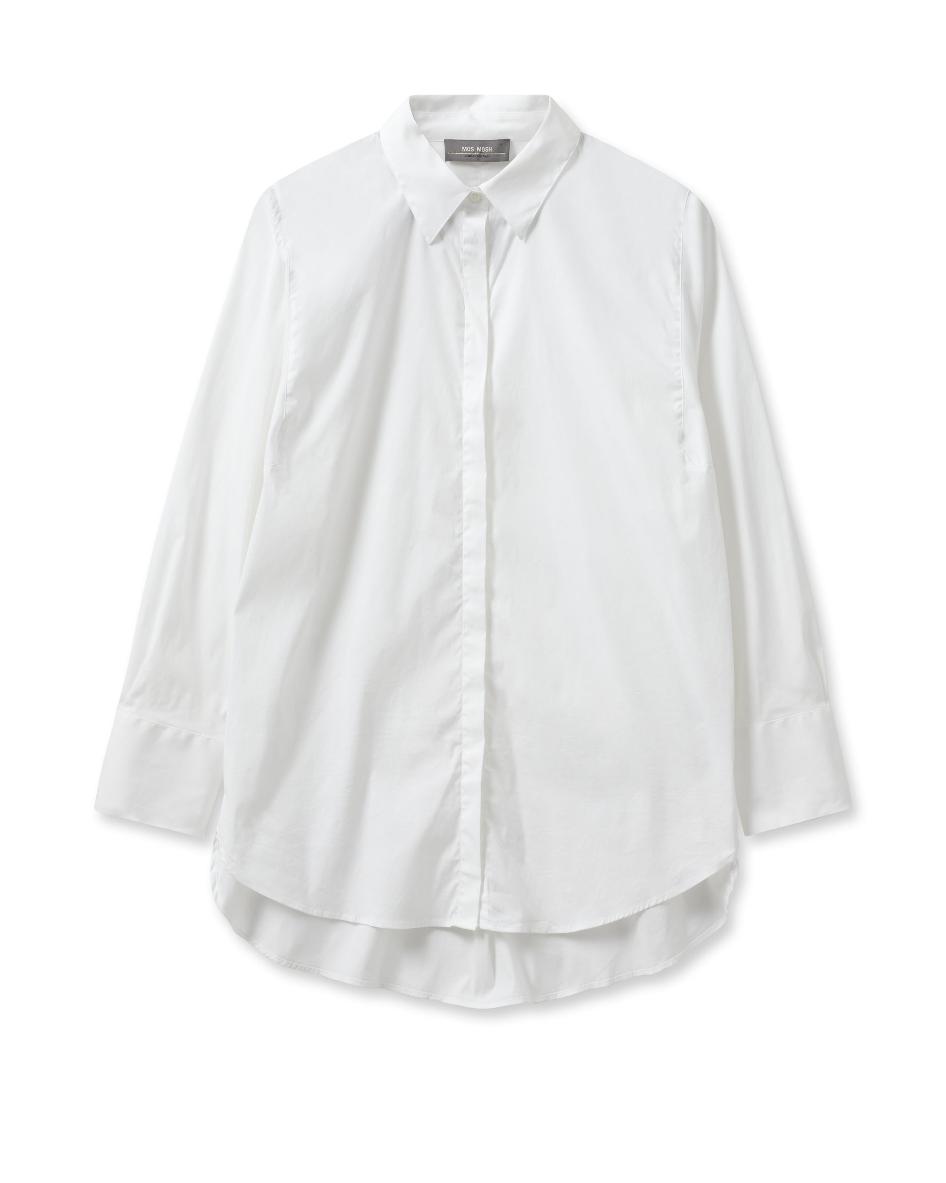 white shirt with concealed placket, curved hem and classic collar 