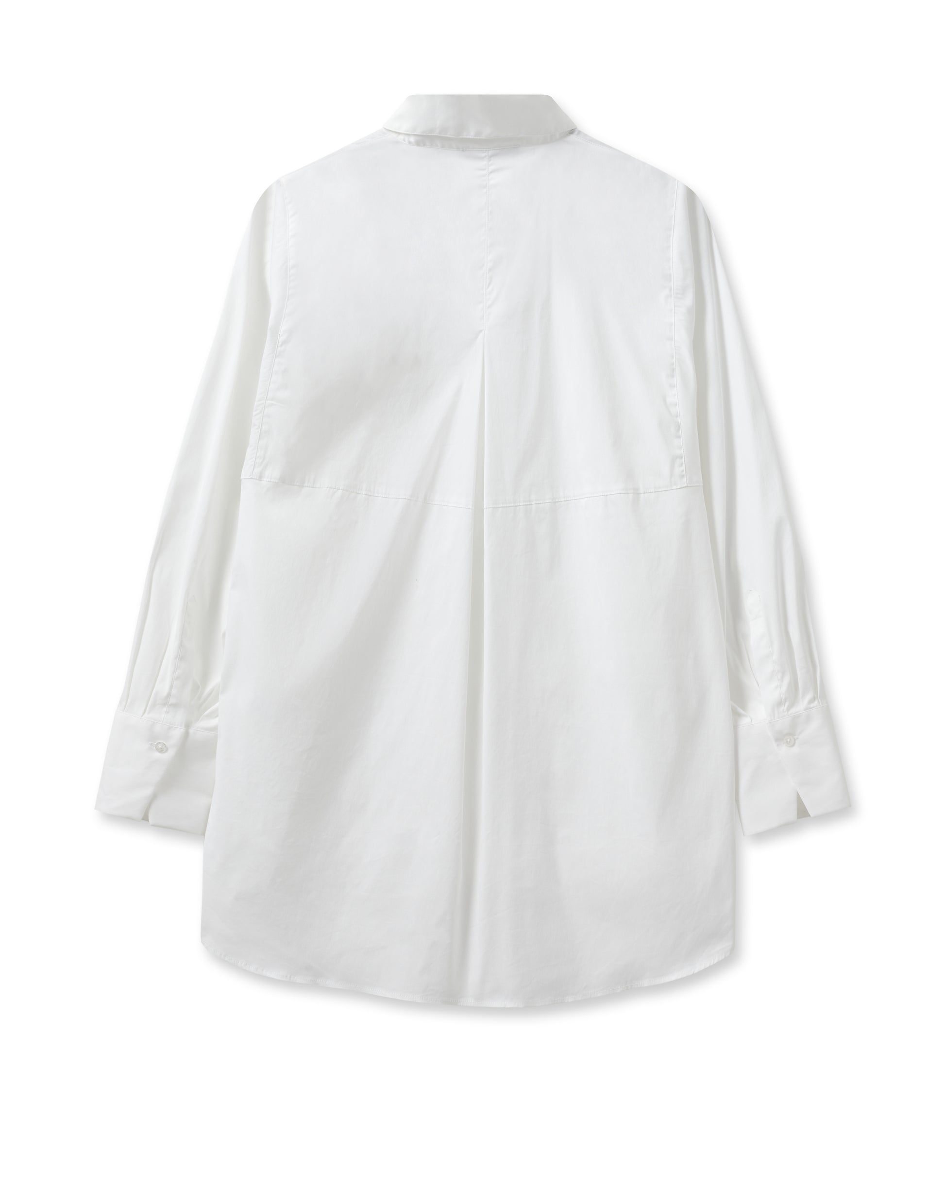 white shirt with concealed placket, curved hem and classic collar  rear view 