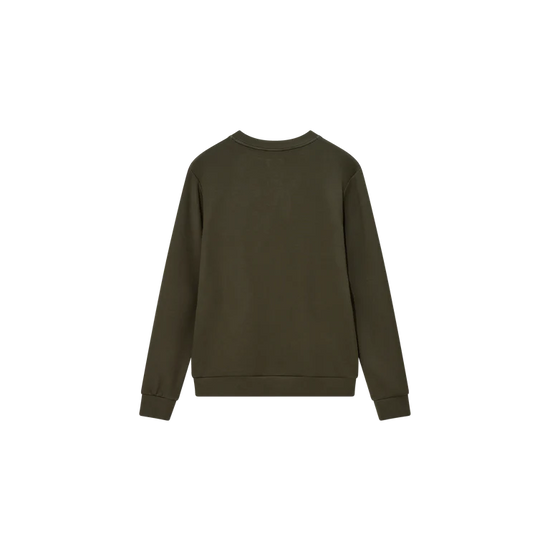 dark green round neck sweatshirt model shot rear view 