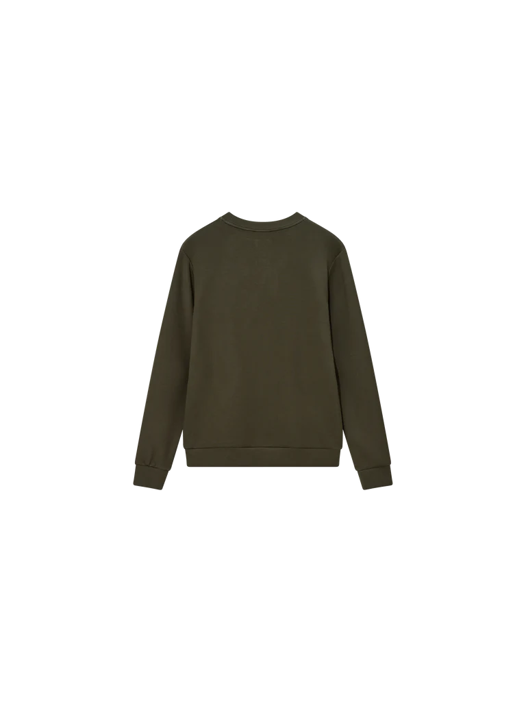 dark green round neck sweatshirt model shot rear view 