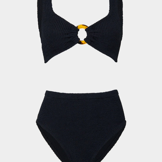 black crinkle bikini with hoop at the bust and high rise bottoms from hunza g