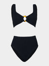 black crinkle bikini with hoop at the bust and high rise bottoms from hunza g