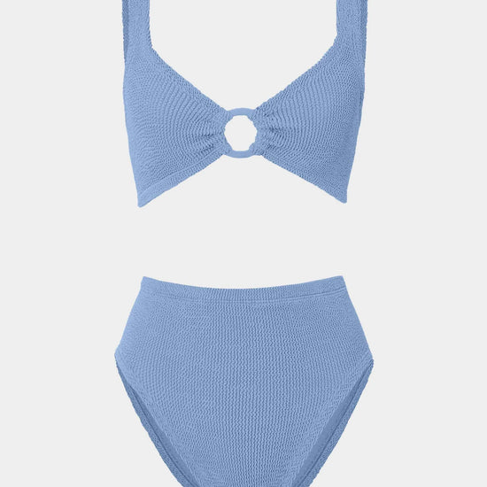 blue crinkle high rise bikini with hoop detail at the bust from hunza g 