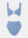 blue crinkle high rise bikini with hoop detail at the bust from hunza g 
