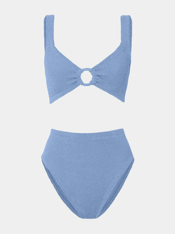 blue crinkle high rise bikini with hoop detail at the bust from hunza g 