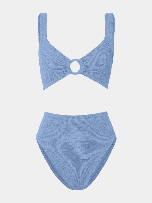 blue crinkle high rise bikini with hoop detail at the bust from hunza g 