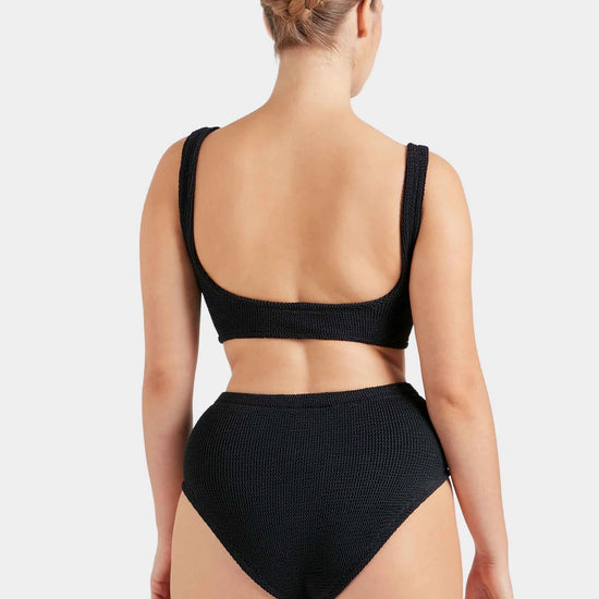 black crinkle bikini with hoop at the bust and high rise bottoms from hunza g rear view