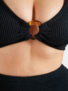 black crinkle bikini with hoop at the bust and high rise bottoms from hunza g close up