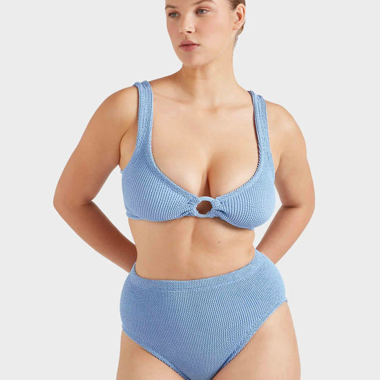 blue crinkle high rise bikini with hoop detail at the bust from hunza g  model shot