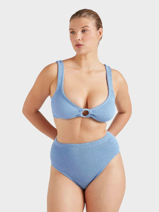 blue crinkle high rise bikini with hoop detail at the bust from hunza g  model shot