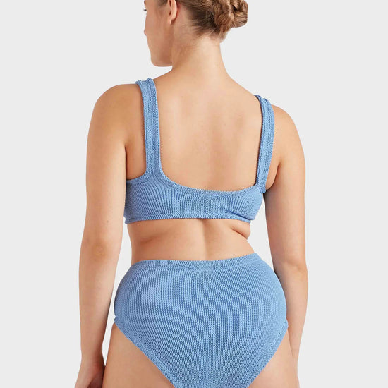 blue crinkle high rise bikini with hoop detail at the bust from hunza g  rear view