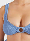 blue crinkle high rise bikini with hoop detail at the bust from hunza g  close up