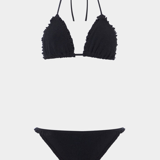 Black bikini set with ruffled straps by Hunza G on a white background
