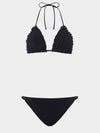 Black bikini set with ruffled straps by Hunza G on a white background