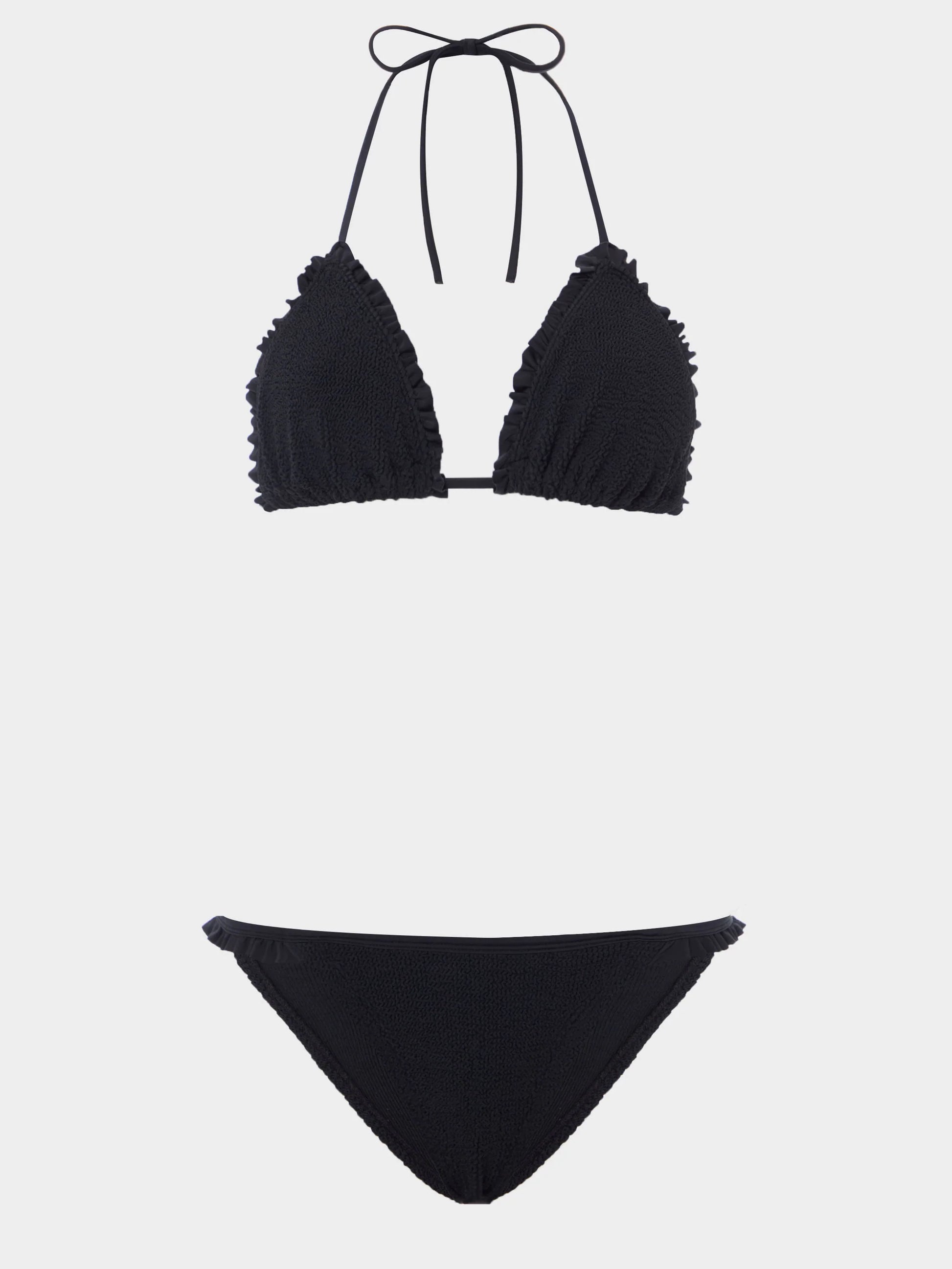 Black bikini set with ruffled straps by Hunza G on a white background