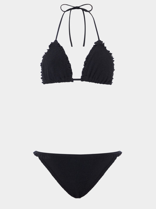 Black bikini set with ruffled straps by Hunza G on a white background