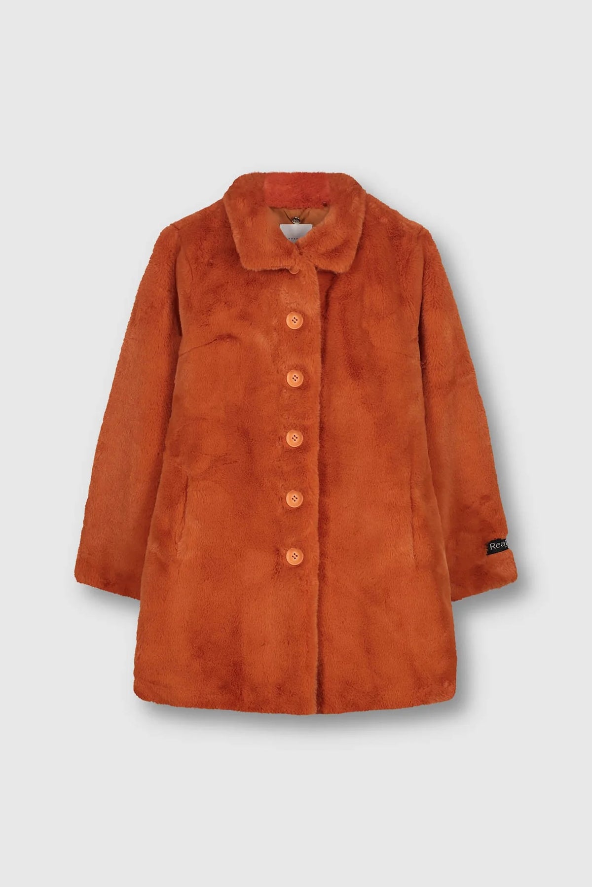 Terracotta orange faux fur medium length coat 