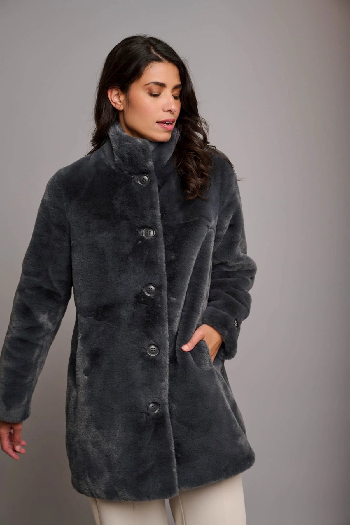 Dark grey faux fur coat with collar and button fastening