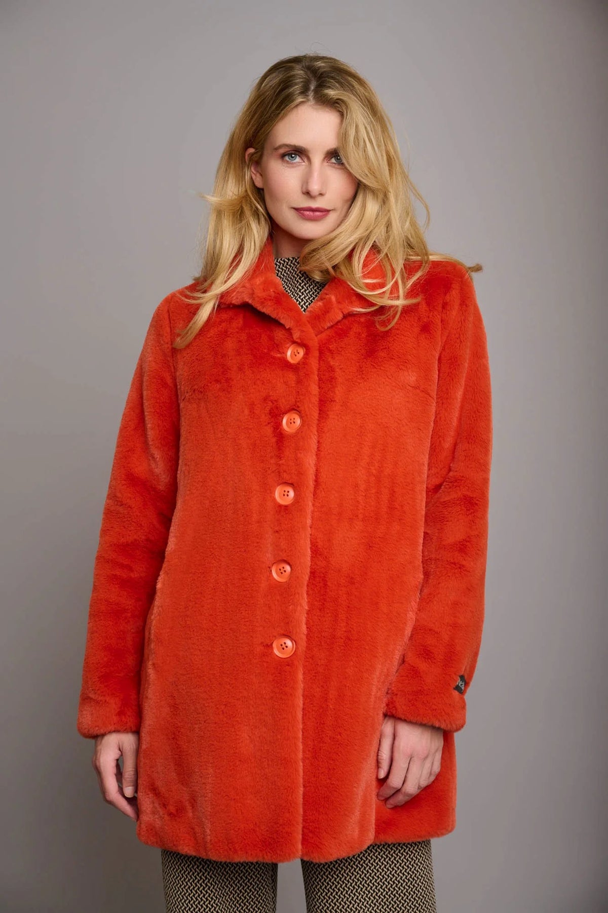 Terracotta orange faux fur medium length coat