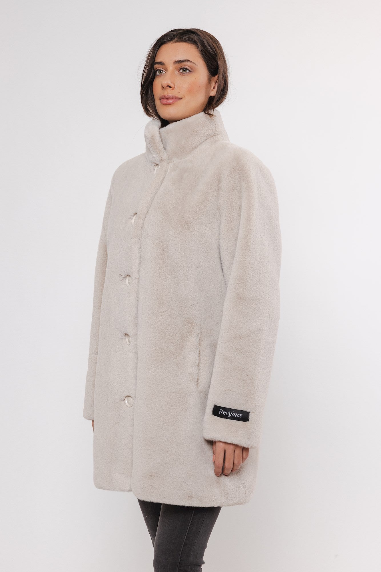 birch faux fur coat  side view 