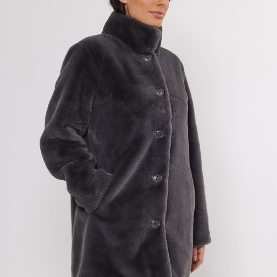 faux fur dark grey coat side view 