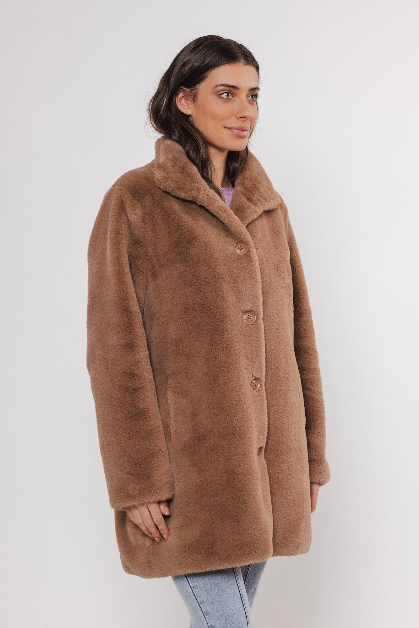 faux fur tan coat  side view 