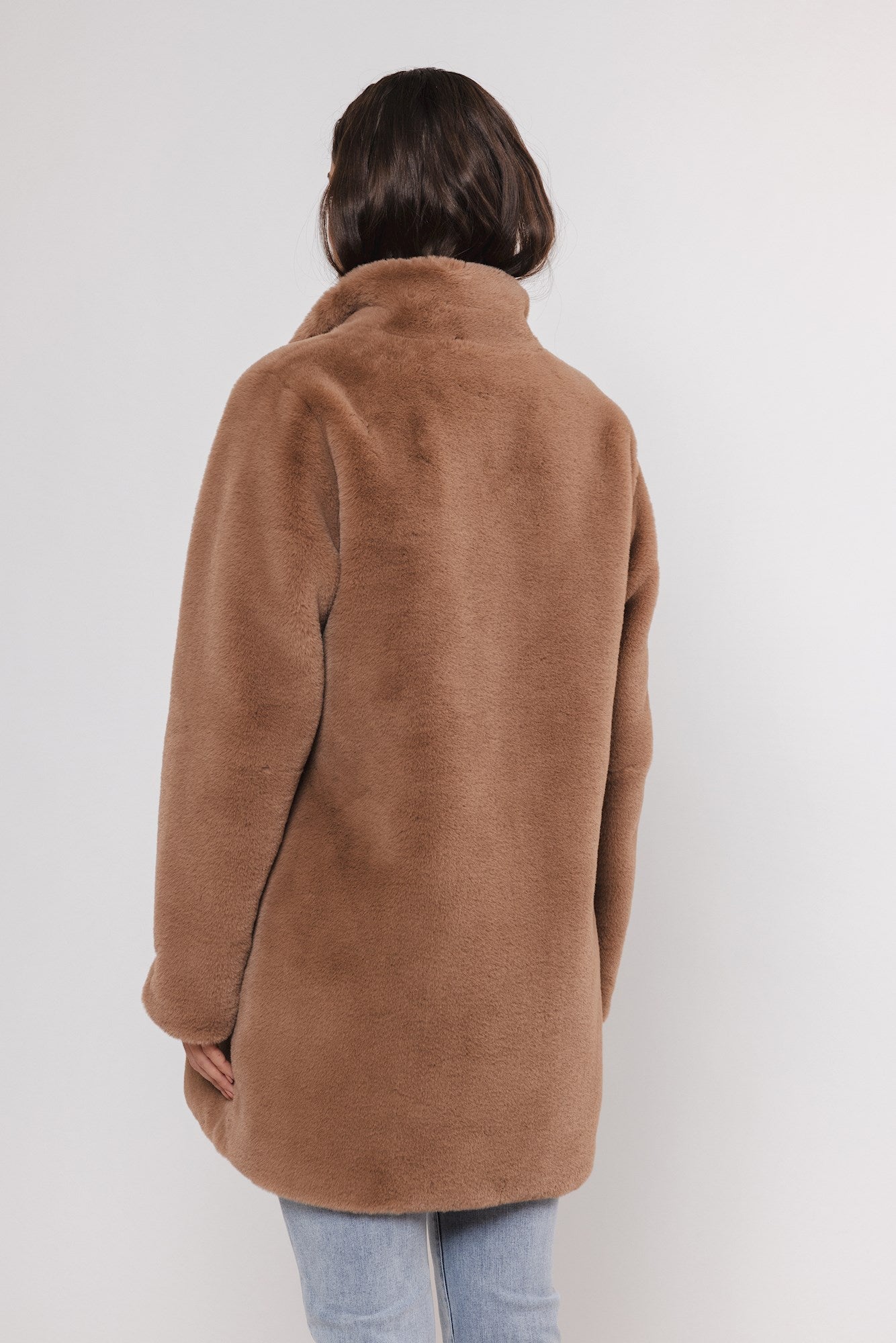 faux fur tan coat  rear view 