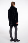 faux fur coat with high neck, black buttons and length just above the knee  rear view 