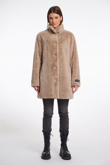 longer line beige faux fur coat with stand collar and large buttons from rino and pelle