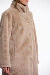 longer line beige faux fur coat with stand collar and large buttons from rino and pelle side view