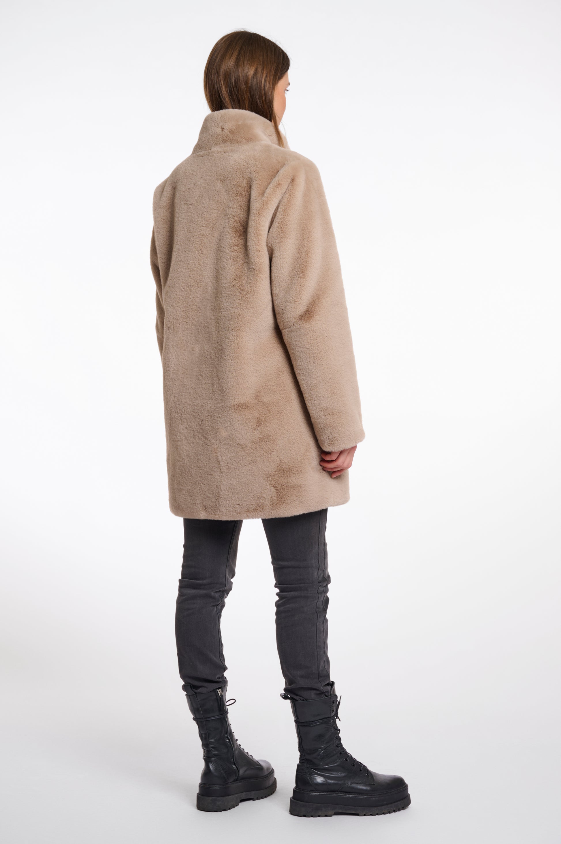 longer line beige faux fur coat with stand collar and large buttons from rino and pelle rear view