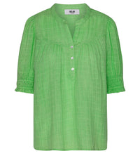 Emerald green cheesecloth short sleeved pull on top with notch neck and small ivory buttons