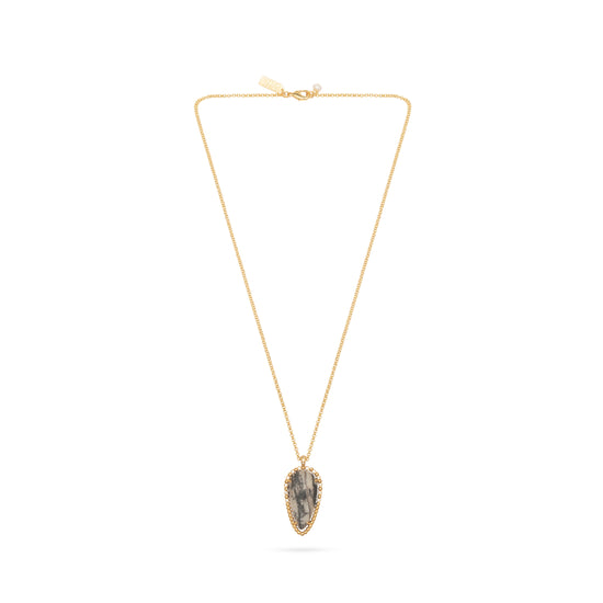 Full drop image of the grey toned drop pendant on gold plated chain