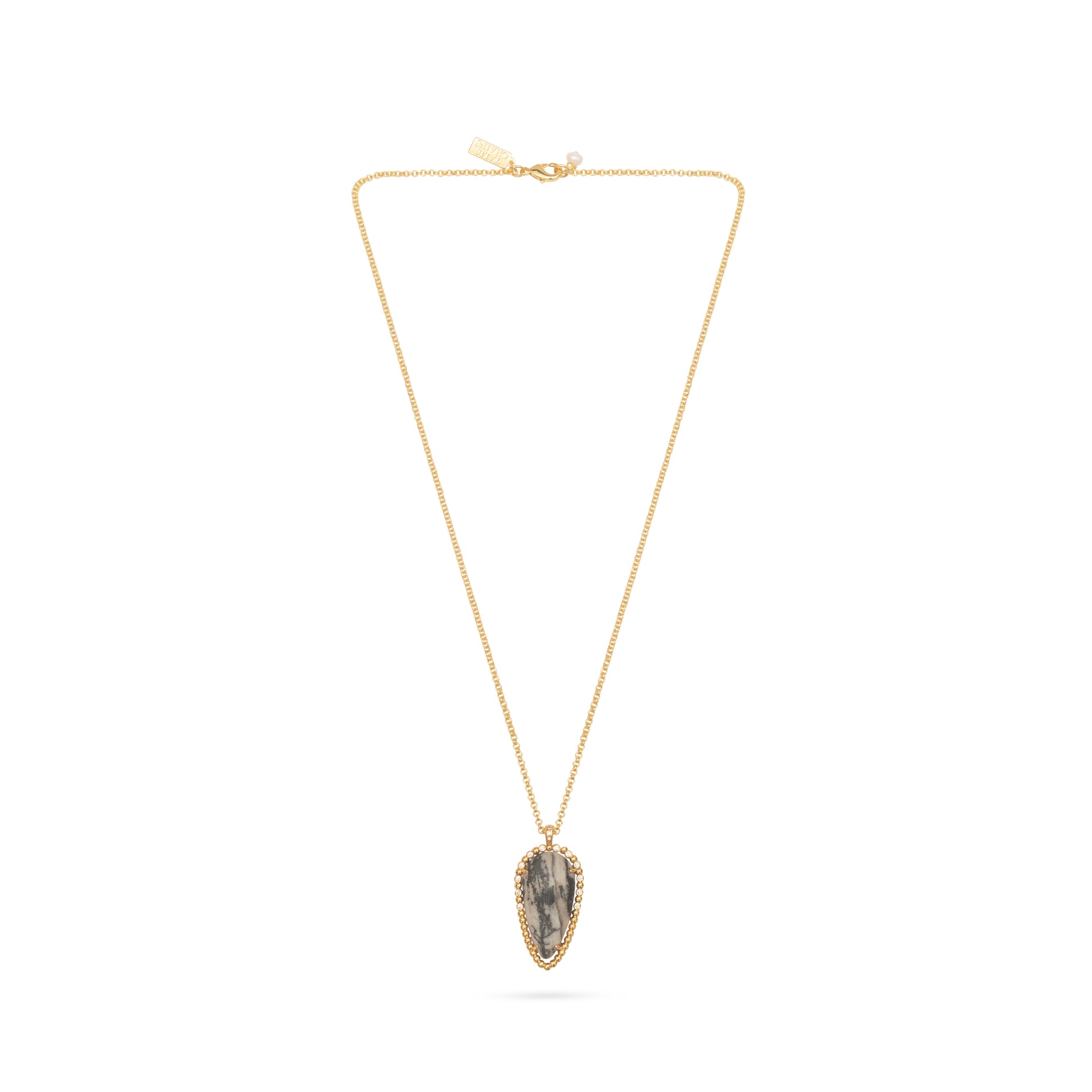 Full drop image of the grey toned drop pendant on gold plated chain