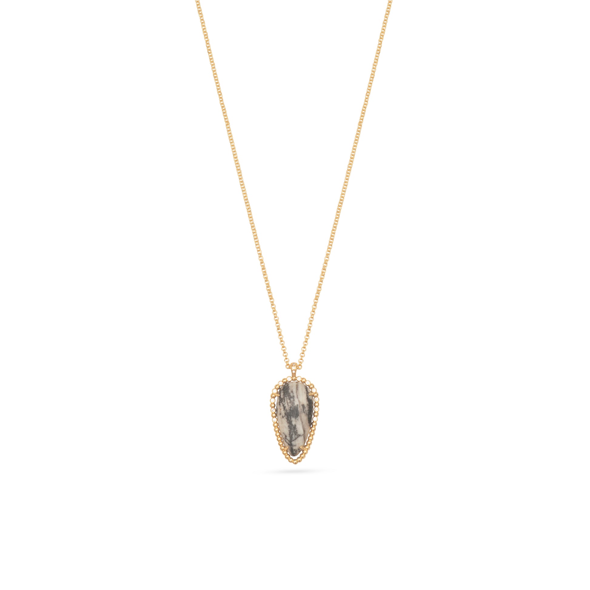 grey meshy stone pendant on a gold plated chain