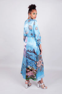 Oyster silk V neck tea dress with hand painted print