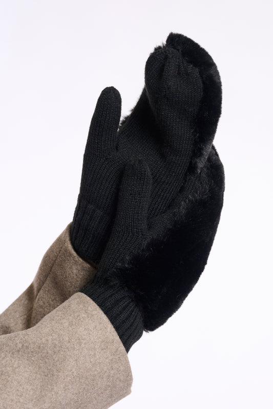 black knitted mittens with faux fur top