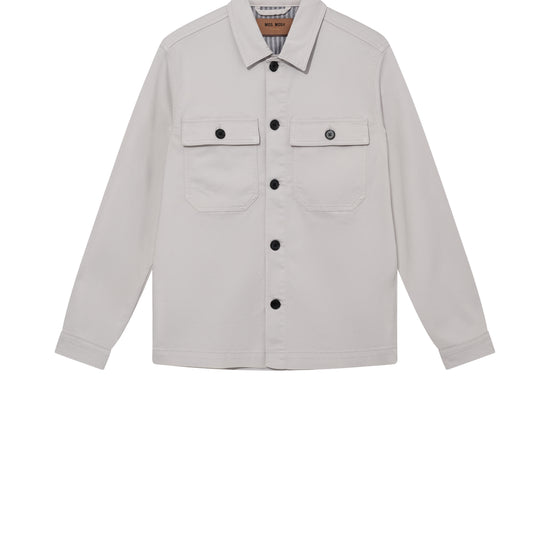 mens light grey cotton overshirt with black buttons and chest pockets