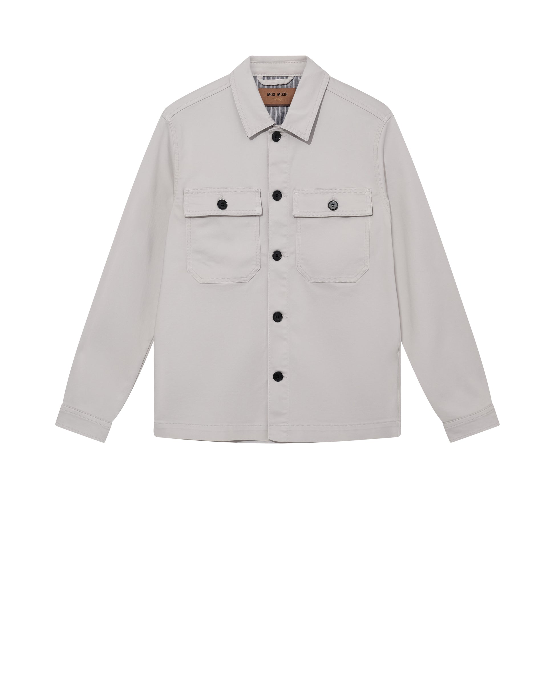 mens light grey cotton overshirt with black buttons and chest pockets
