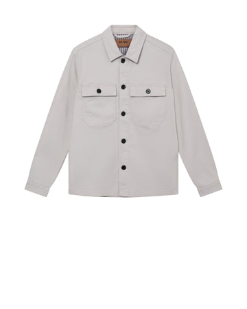 mens light grey cotton overshirt with black buttons and chest pockets