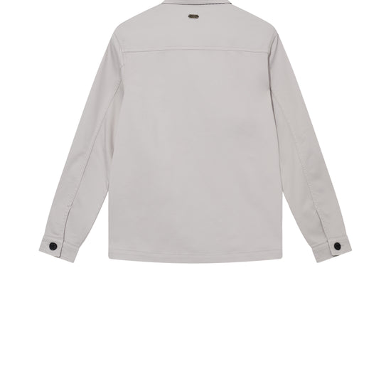 mens light grey cotton overshirt with black buttons and chest pockets rear view