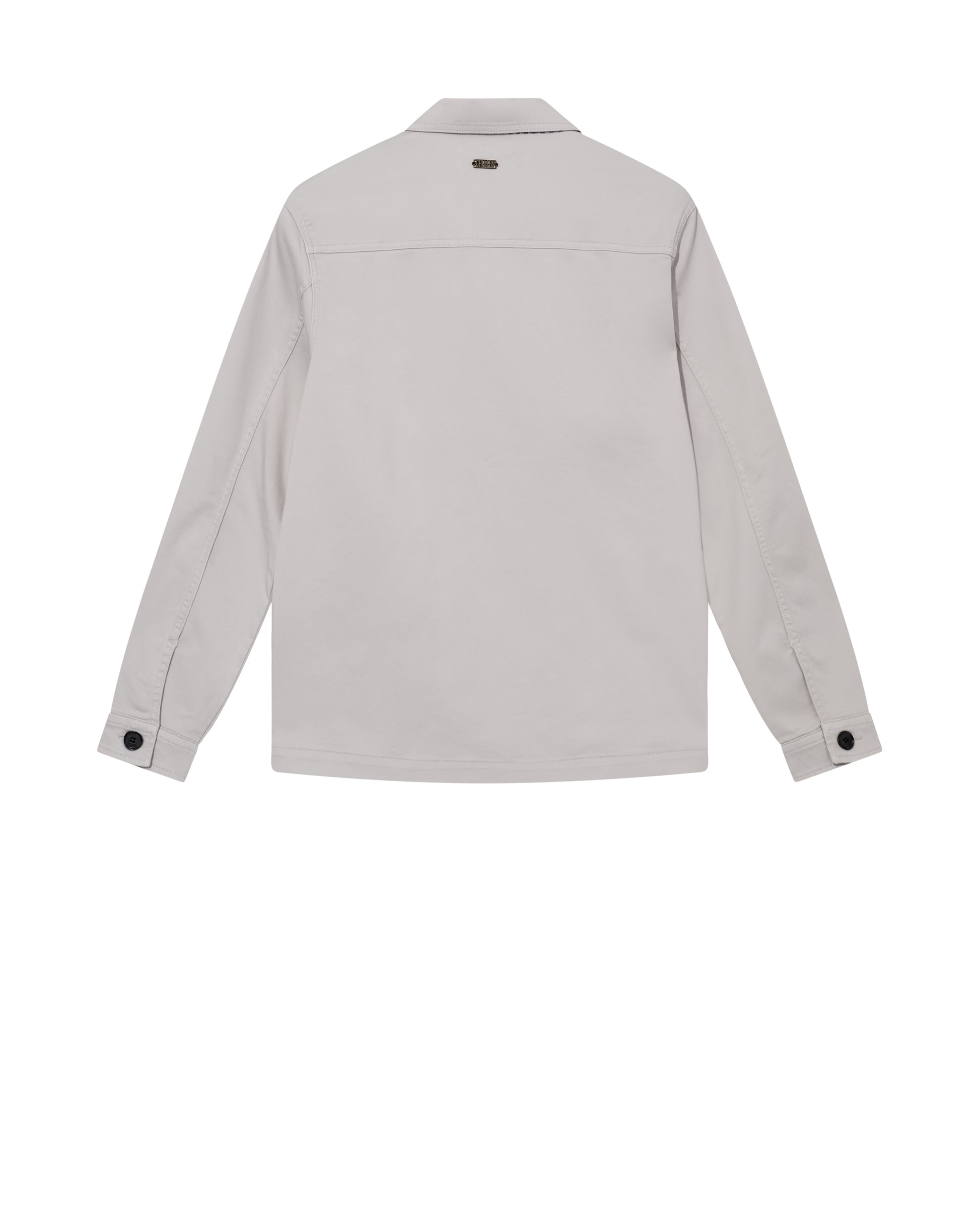 mens light grey cotton overshirt with black buttons and chest pockets rear view