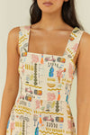 Linen summer dress in Italian inspired print with a fitted bodice and A line skirt close up