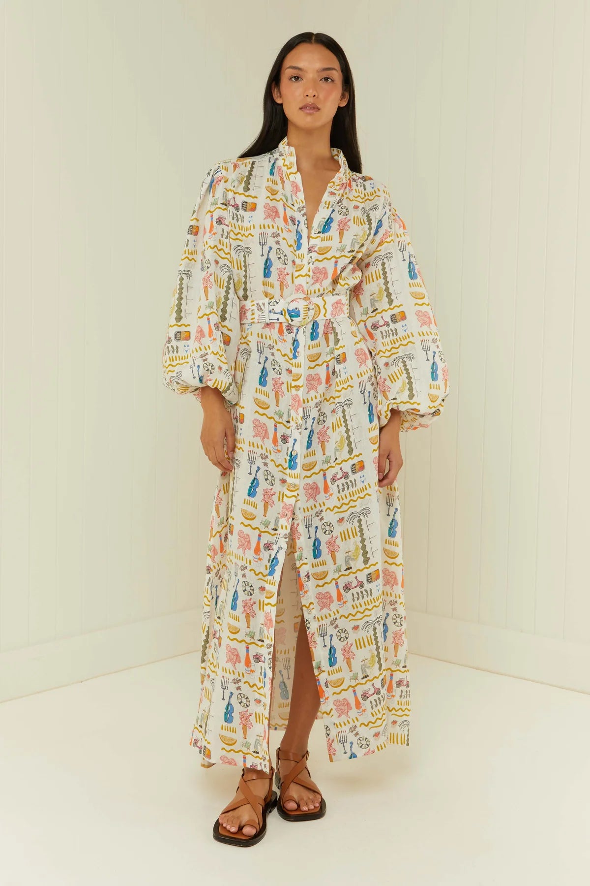 Linen maxi shirt dress with long sleeves and removable belt in Verano print model shot