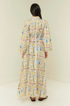 Linen maxi shirt dress with long sleeves and removable belt in Verano print rear view